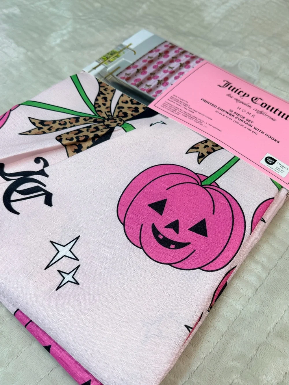 Juicy Couture Pinkoween Pumpkin Leopard Bow Shower Curtain Y2K Halloween NWT